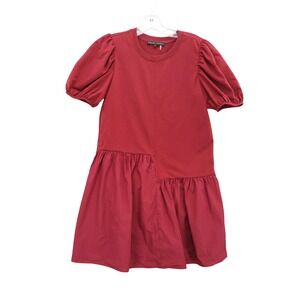 English Factory Puff Sleeve Drop Waist Dress Casual Red‎ Asymmetric Tunic Size S
